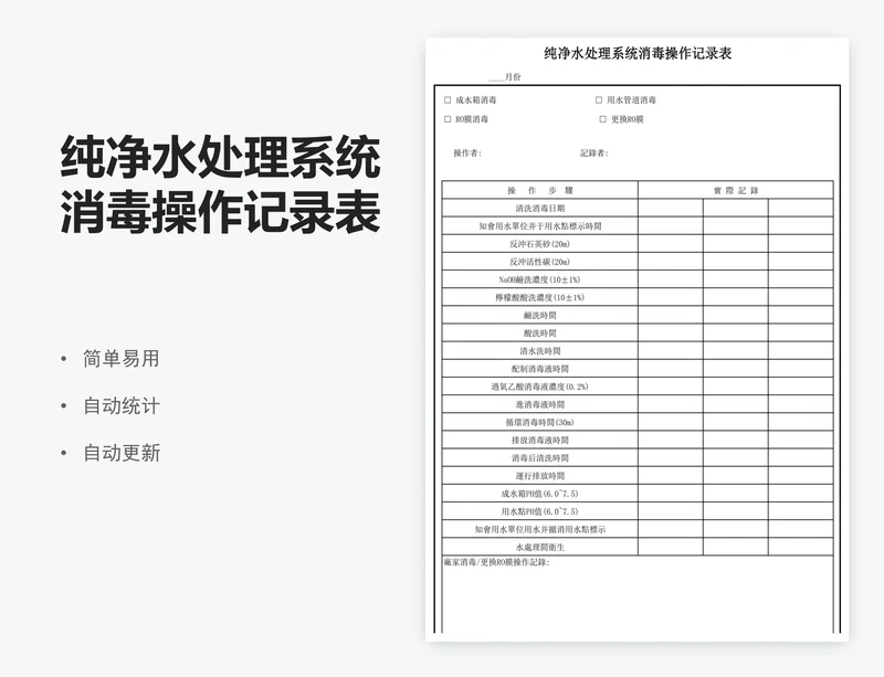纯净水处理系统消毒操作记录表