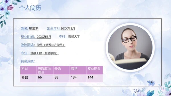紫色清新水彩花卉考研复试自我介绍PPT模板