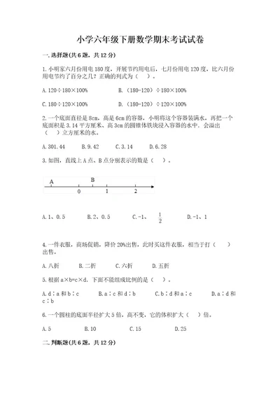 小学六年级下册数学期末考试试卷（完整版）wod版