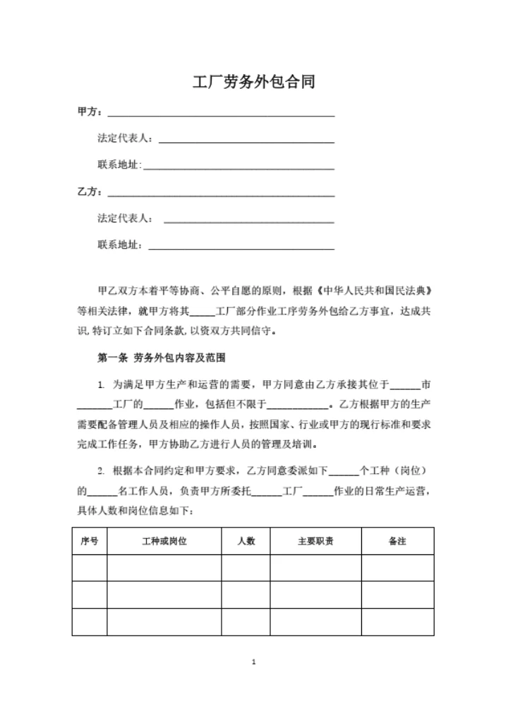 工厂劳务外包合同