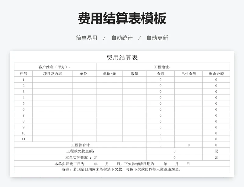费用结算表模板