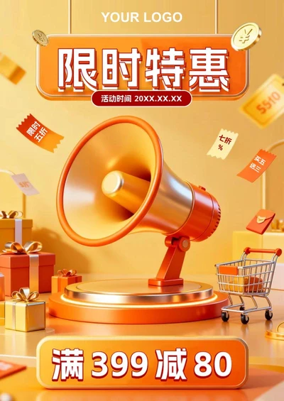 橙色活泼3D风电商大促营销海报