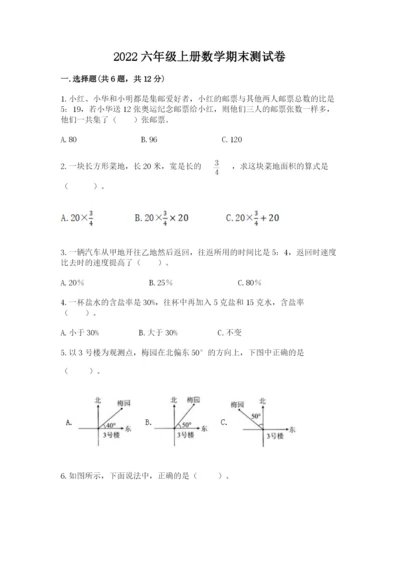 2022六年级上册数学期末测试卷含完整答案（名师系列）.docx
