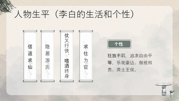 浅色古风中国古代诗人名人介绍人物青莲居士李白PPT模板宣传人物介绍