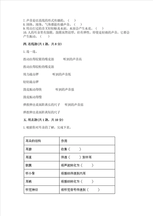 教科版科学四年级上册第一单元声音测试卷带答案