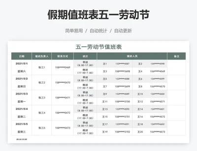 假期值班表五一劳动节