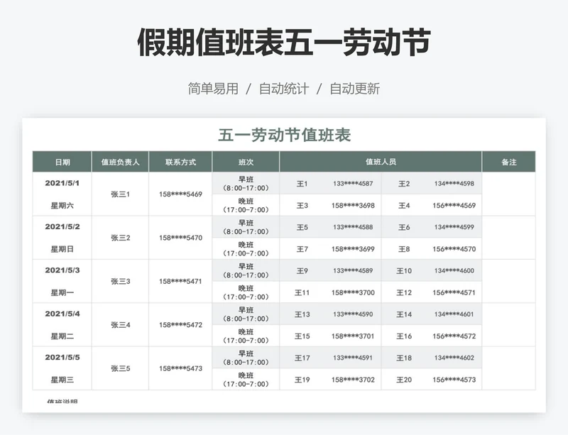 假期值班表五一劳动节