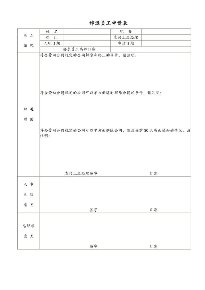 辞退员工申请表