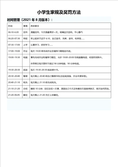 小学生家规及奖罚办法