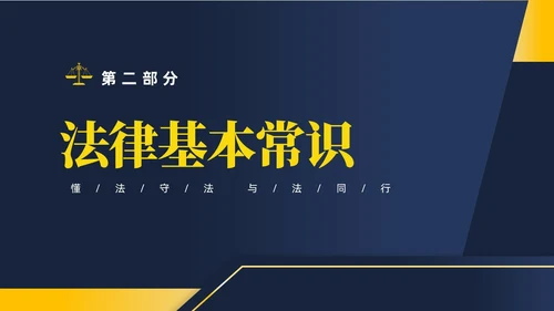 黄蓝双色简约商务大气知法懂法与法同行公司法律知识讲座宣传PP世界法律日