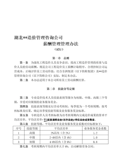 造价咨询公司薪酬管理办法资料