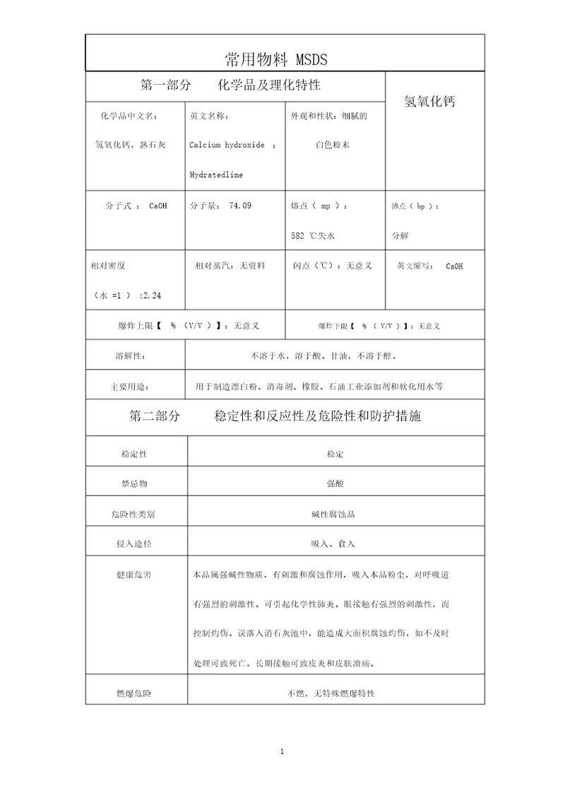 氢氧化钙常用物料MSDS