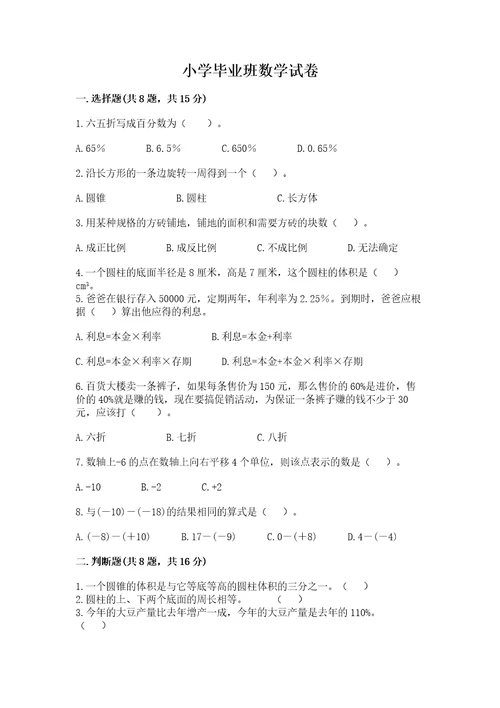 小学毕业班数学试卷（名师系列）