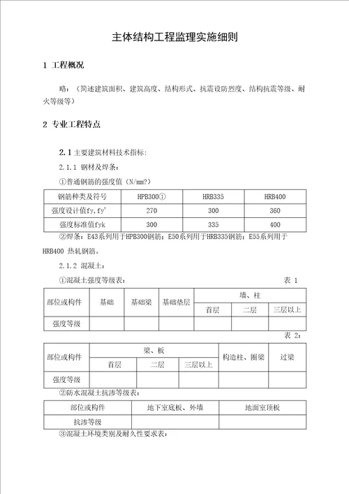 房屋建筑工程主体结构监理实施细则模板