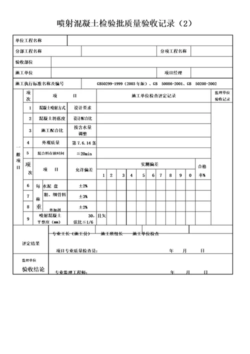 喷射混凝土检验批质量验收记录