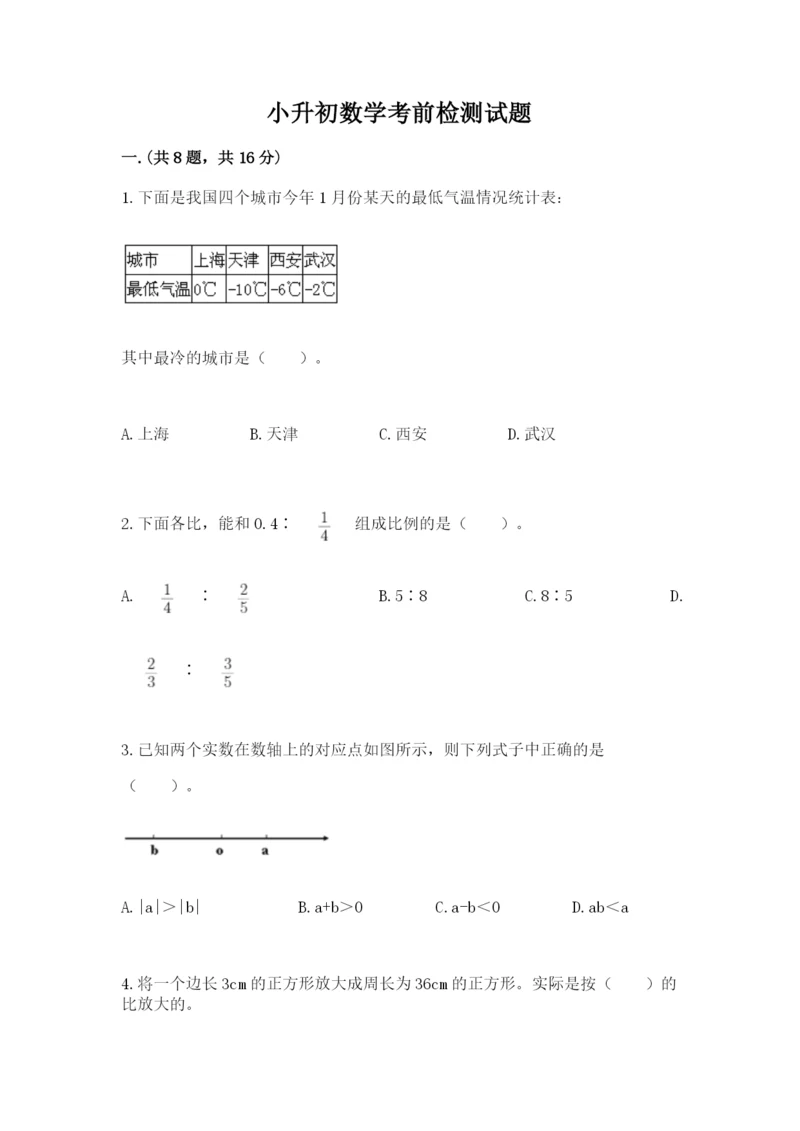 小升初数学考前检测试题及参考答案（培优）.docx