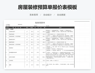 房屋装修预算单报价表模板