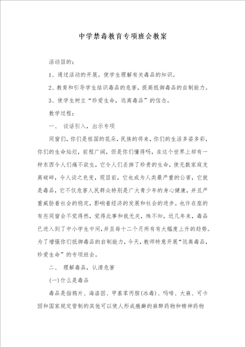 中学禁毒教育专题班会教案