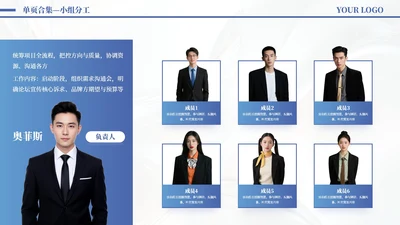 蓝色商务风7项小组分工PPT单页