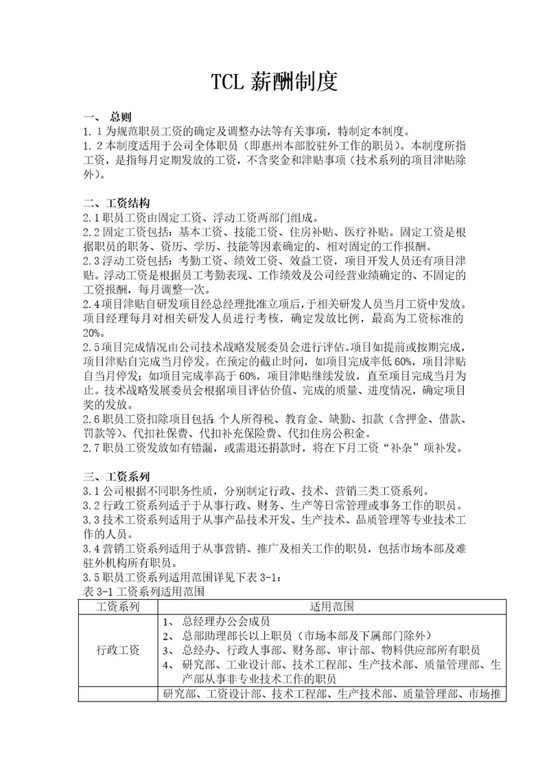 TCL有限公司薪酬制度