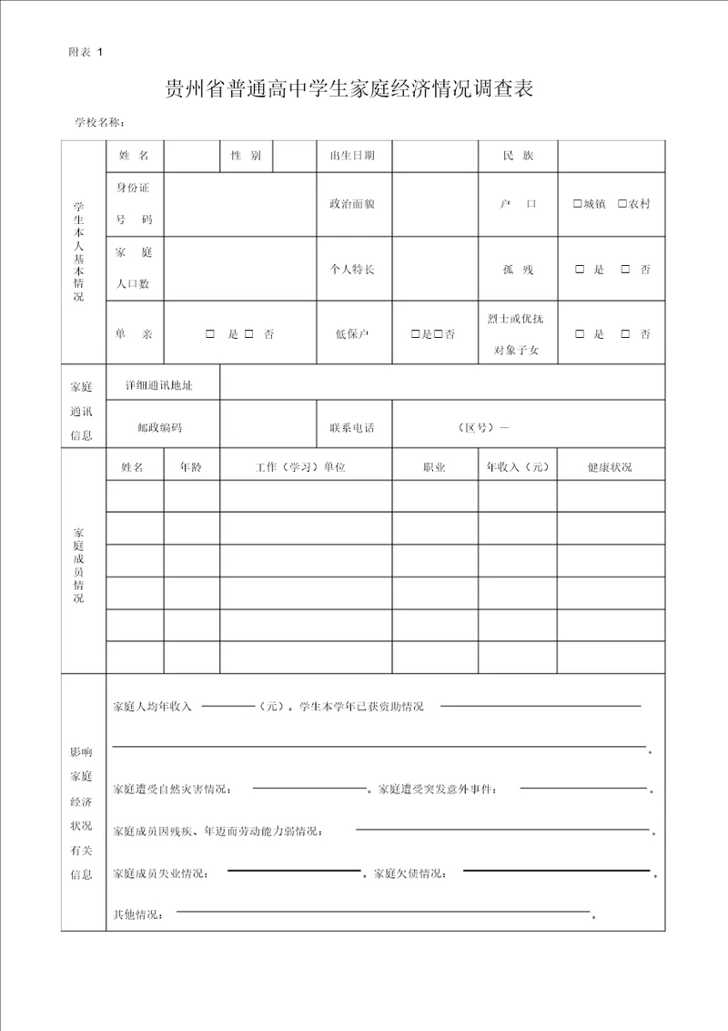 家庭经济情况调查表样表