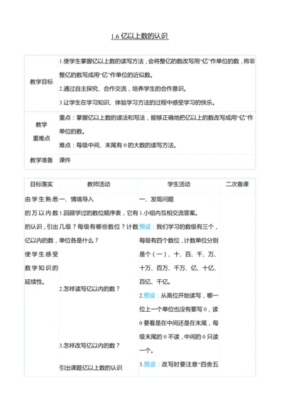 （大单元整体教学）1.6亿以上数的认识（表格式）教学设计 人教版 四年级上册数学