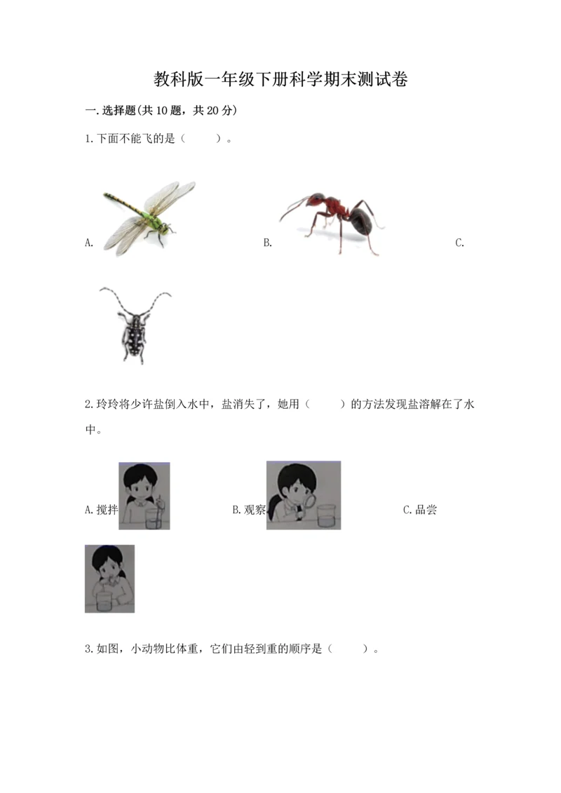 教科版一年级下册科学期末测试卷（典优）.docx