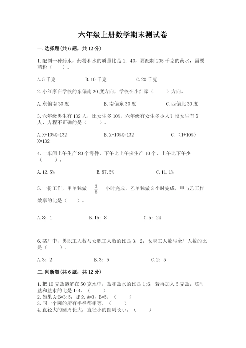 六年级上册数学期末测试卷【精练】.docx