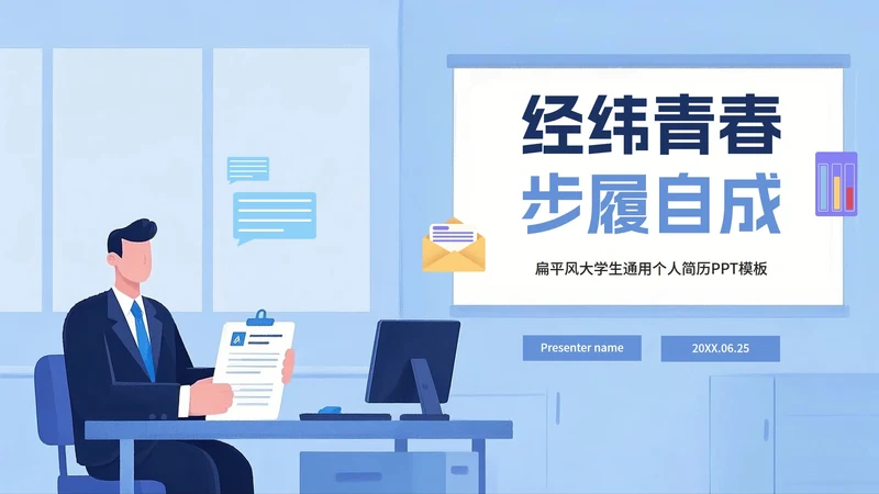 蓝色扁平插画风大学生个人简历PPT模板