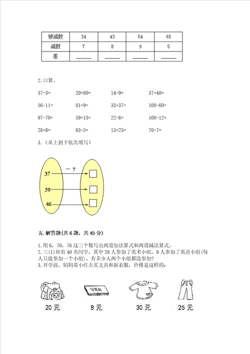 小学数学二年级100以内的加法和减法练习题及参考答案名师推荐