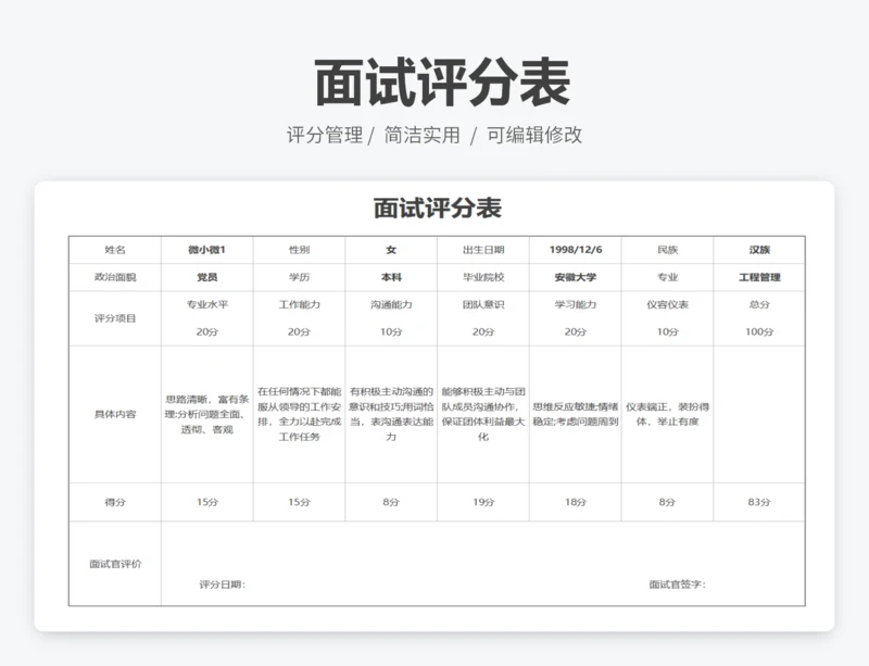 面试评分表