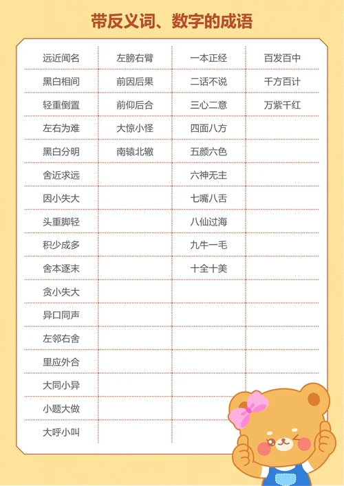 可爱卡通小学基础知识带反义词数字的成语