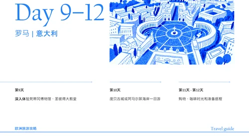 蓝黄色简约风欧洲旅游攻略PPT模板