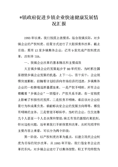 XX镇政府促进乡镇企业快速健康发展情况汇报