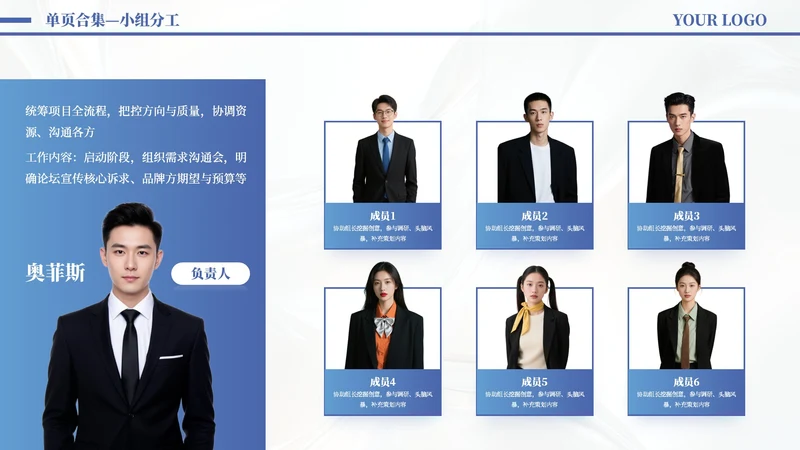 蓝色商务风7项小组分工PPT单页