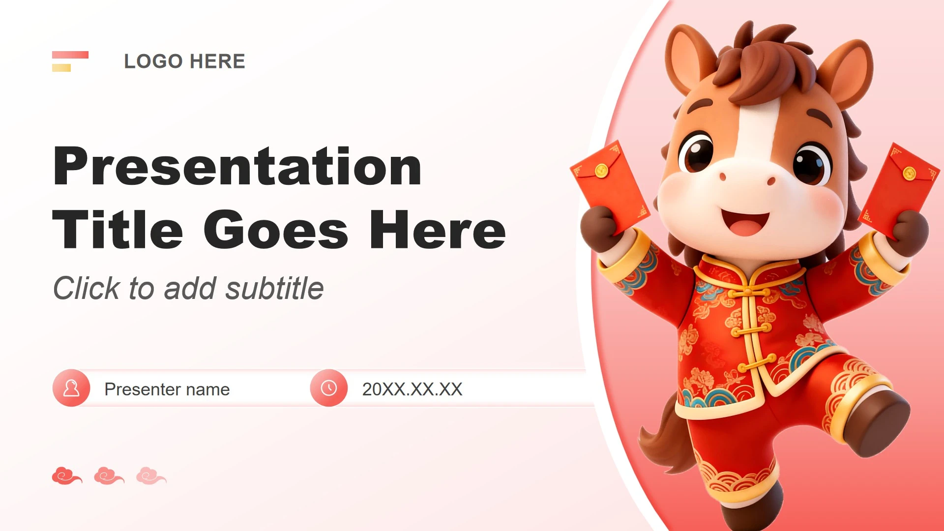 红色3D风马年春节礼仪文化班会PPT主题模板