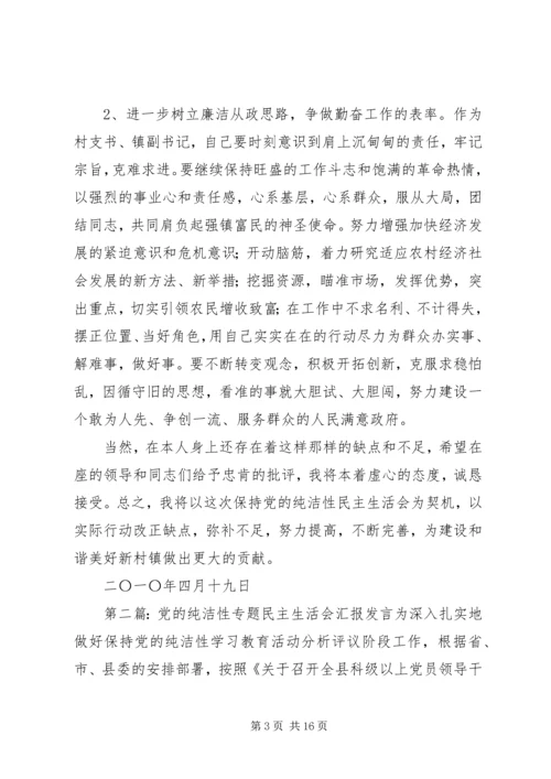 党的纯洁性专题民主生活会汇报讲话.docx