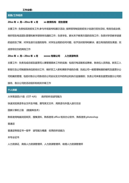 人力资源专业简历