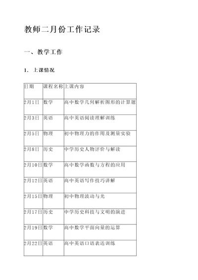 教师二月份工作记录内容