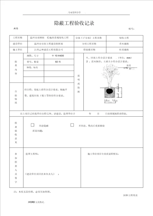 绿化隐蔽工程验收记录文本