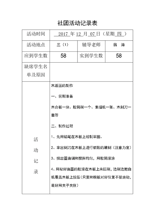 2017-2018第一学年美术社团活动记录表