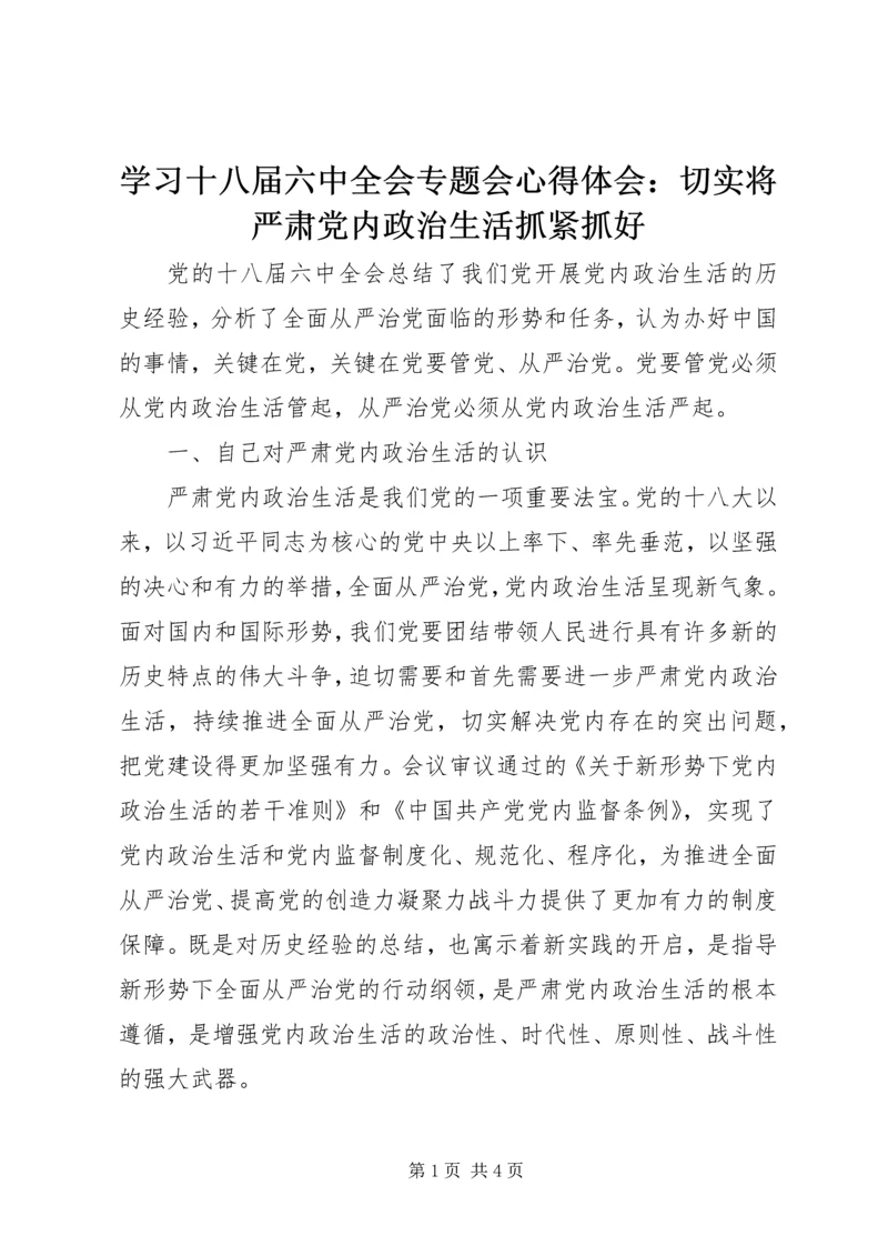 学习十八届六中全会专题会心得体会：切实将严肃党内政治生活抓紧抓好.docx