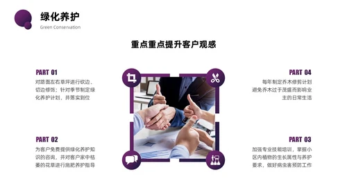 紫色圆圈简约商务风物业管理品质提升PPT模板员工培训