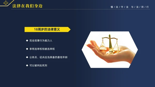 黄蓝双色简约商务大气知法懂法与法同行公司法律知识讲座宣传PP世界法律日