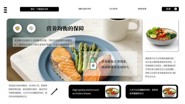 黑白色系减脂餐健康饮食通用PPT模板