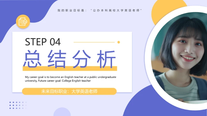 紫色简约风英语专业大学生职业生涯发展展示（大学英语老师方向）PPT模板