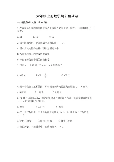 六年级上册数学期末测试卷及完整答案全国通用