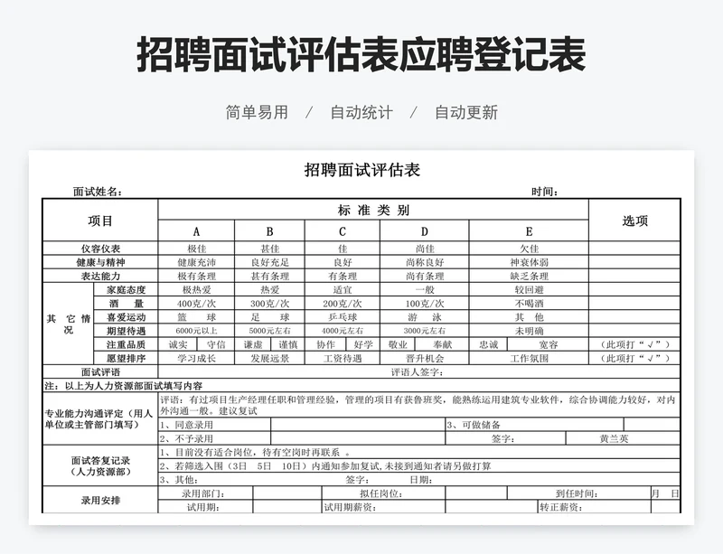 招聘面试评估表应聘登记表