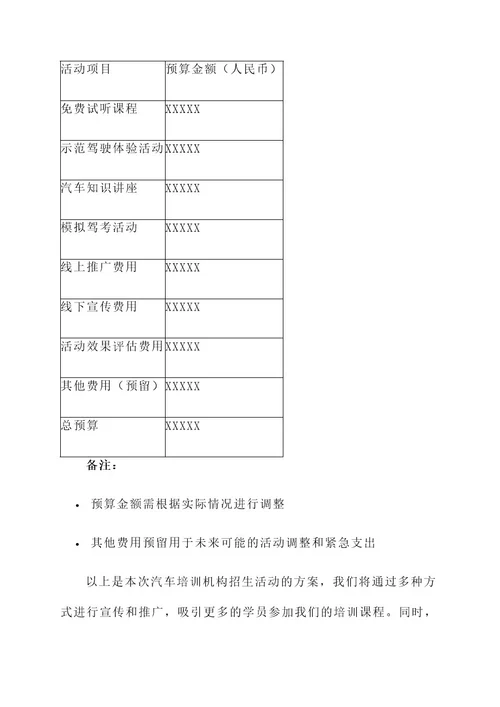 汽车培训机构招生活动方案