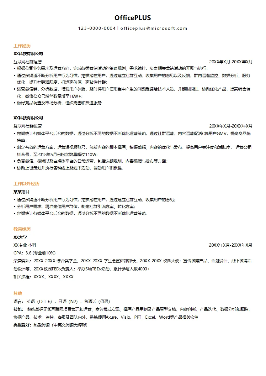 互联网社群运营个人简历模板